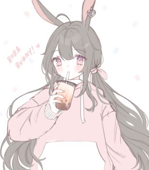 Rule 34 | 1girl, absurdres, ahoge, animal ears, arm at side, brown hair, bubble tea, center-flap bangs, closed mouth, commentary, cup, double-parted bangs, drawstring, drinking straw, drinking straw in mouth, english commentary, grey background, hand up, highres, holding, holding cup, hood, hoodie, loltinami, long hair, long sidelocks, looking at viewer, multicolored eyes, muted color, pink eyes, pink hoodie, rabbit ears, rabbit girl, self-portrait, sidelocks, solo, tinami (vtuber), twintails, two-tone eyes, upper body, vdonburi, very long hair