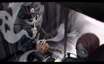 1boy 1girl formal_clothes highres jack_skellington jacket long_hair long_sleeves looking_at_viewer male_focus patchwork_clothes pinstripe_pattern pinstripe_suit pinstripe_vest sally_(nbc) skeleton skeleton_print smile stitches striped_clothes striped_vest suit the_nightmare_before_christmas tkhalloween vest