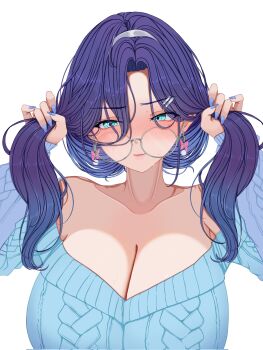 Rule 34 | 1girl, aqua eyes, aran sweater, armpit peek, averting eyes, blue hair, blue sweater, blush, breasts, bunching hair, butterfly earrings, cable knit, cleavage, closed mouth, collarbone, curtained hair, earrings, embarrassed, furrowed brow, hair ornament, hairband, hairclip, highres, holding, holding own hair, huge breasts, indie virtual youtuber, jewelry, long hair, long sleeves, mole, mole under eye, nana megumin (vtuber), neck, off-shoulder sweater, off shoulder, parallel hairclips, round eyewear, silver hairband, simple background, solo, sugyart8, sweat, sweater, tsurime, twintails, upper body, virtual youtuber, white background