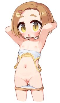 1girl clothes_pull commentary_request flat_chest hair_ornament hairclip highres idolmaster idolmaster_cinderella_girls loli nanatsuta navel nipples pussy ryuzaki_kaoru simple_background solo white_background