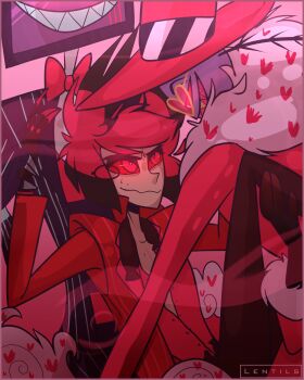 3boys absurdres alastor_(hazbin_hotel) animal_ears artist_name black_pants blood blood_from_mouth blue_suit blue_teeth bow bowtie bug closed_mouth coat colored_smoke colored_teeth commentary dark-skinned_male dark_skin deer_ears english_commentary flat_screen_tv formal_clothes grabbing_another's_hand hat hazbin_hotel heart heart-shaped_eyewear hellaverse highres insect likhoarts looking_at_another looking_down looking_up moth multicolored_hair multiple_boys object_head pants red_bow red_bowtie red_coat red_eyes red_hat red_suit smoke suit television two-tone_hair undone_bowtie valentino_(hazbin_hotel) vox_(hazbin_hotel)