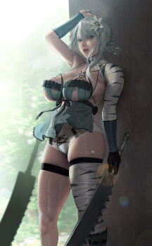 1girl against_wall alternate_breast_size_(larger) areola_slip bandaged_arm bandaged_leg bandaged_neck bandages black_gloves blue_negligee breasts commentary_request cross-laced_clothes cross-laced_panties gloves grey_hair hair_rings highres huge_breasts jagged_sword jeneral kaine_(nier) lens_flare lingerie lunar_tear negligee nier nier_(series) panties single_glove solo underwear white_panties