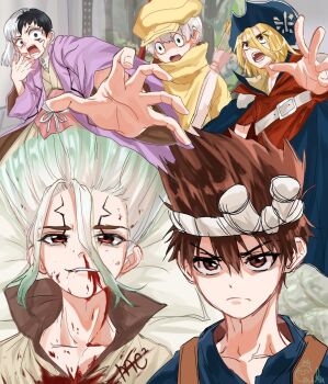 5boys asagiri_gen black_eyes black_hair blonde_hair blood blood_on_face brown_eyes brown_hair cape chrome_(dr._stone) closed_mouth coat dr._stone eerika1114 green_eyes green_hair hair_between_eyes hat headband highres ishigami_senkuu japanese_clothes kimono looking_at_viewer male_focus multicolored_hair multiple_boys nanami_ryuusui nosebleed open_mouth red_eyes saionji_ukyou shirt short_hair signature smile spiked_hair split-color_hair two-tone_hair white_hair white_headband yellow_shirt