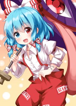 1girl :d blue_eyes blue_hair blush bow collarbone commentary cosplay flat_chest fujiwara_no_mokou fujiwara_no_mokou_(cosplay) gradient_background hair_between_eyes hair_bow heterochromia highres holding holding_pants holding_umbrella juliet_sleeves karakasa_obake long_sleeves looking_at_viewer medium_hair ofuda ofuda_on_clothes one-hour_drawing_challenge open_fly open_mouth pants pink_background puffy_sleeves red_eyes red_pants ruu_(tksymkw) shirt simple_background smile solo suspenders sweat tatara_kogasa touhou umbrella unworn_pants white_bow white_shirt wing_collar