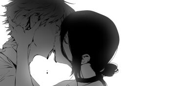 1boy 1girl absurdres blood blood_drip blood_from_mouth chainsaw_man choker closed_eyes commentary denji_(chainsaw_man) dress_shirt french_kiss greyscale hand_on_another&#039;s_face hetero highres kiss kurosaki_yo monochrome profile reze_(chainsaw_man) shirt simple_background white_background wide-eyed