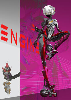 1girl absurdres arm_pouch breasts carbon_fiber cyborg engine exhaust_pipe full_body headgear highres joints jsrs2099 leg_up looking_at_viewer mask mouth_mask original piston robot_joints science_fiction short_hair small_breasts solo standing standing_on_one_leg very_short_hair wheel wheeled_leg(s) white_hair yellow_eyes