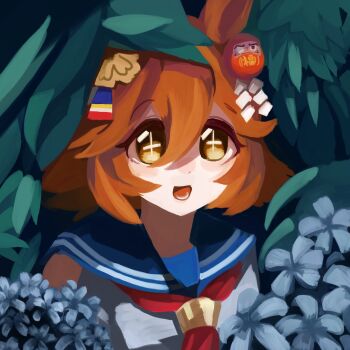 Rule 34 | + +, 1girl, animal ears, blush, clover hair ornament, daruma doll, daruma doll hair ornament, ear covers, flower, four-leaf clover hair ornament, hair between eyes, hair ornament, highres, horse ears, horse girl, leaf, looking at viewer, matikanefukukitaru (rising fortune) (umamusume), matikanefukukitaru (umamusume), neckerchief, okayu oziya, open mouth, orange hair, red neckerchief, sailor collar, school uniform, serafuku, shirt, short hair, single ear cover, smile, solo, star-shaped pupils, star (symbol), symbol-shaped pupils, umamusume, upper body, white shirt