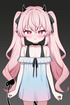 1girl :t absurdres bare_shoulders black_background black_horns black_ribbon black_tail blush closed_mouth collarbone commentary demon_girl demon_horns demon_tail dress flat_chest gradient_background hair_ribbon highres horns long_hair looking_at_viewer off-shoulder_dress off_shoulder original pink_eyes pink_hair pointy_ears pout ribbon solo straight-on tail twintails white_dress zing_(z_z_zing)