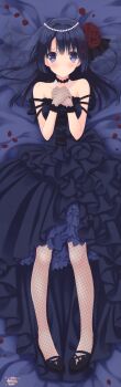 1girl :o absurdres bare_shoulders beads bed bed_sheet black_dress black_hair black_shoes blunt_bangs blush breasts bridal_veil cross-laced_clothes dakimakura_(medium) dress female_focus fishnet_gloves fishnet_pantyhose fishnets flower frilled_dress frills full_body gloves hair_beads hair_ornament hairclip highres huge_filesize jewelry long_hair long_image looking_at_viewer lying necklace on_back on_bed ookura_risona otome_riron_to_sono_shuuhen:_ecole_de_paris own_hands_together pantyhose parted_lips pearl_necklace petals purple_eyes red_flower red_rose rose rose_petals shoes solo suzuhira_hiro tall_image tareme teeth veil w_arms wedding_dress x_hair_ornament