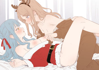 2girls animal_costume bang_dream! bang_dream!_it's_mygo!!!!! belt black_belt blue_eyes blush breasts brown_hair chinese_commentary cleavage commentary_request eye_contact hair_ribbon long_hair long_sleeves looking_at_another medium_breasts multiple_girls nagasaki_soyo nail_polish nipple_stimulation nipple_tweak nipples open_mouth pink_nails purple_nails red_ribbon reindeer_costume ribbon sidelocks sweat togawa_sakiko yellow_eyes yghm yuri