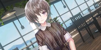 1girl belt black_belt blue_reflection_(series) blue_reflection_sun blue_sky brown_dress brown_hair buttons cafe ceiling_light chair closed_mouth day dress dutch_angle game_cg hair_over_one_eye hanging_plant highres indoors ivy kishida_mel kuno_kirara looking_at_viewer messy_hair non-web_source official_art plant potted_plant purple_eyes short_hair sky solo table window wooden_floor