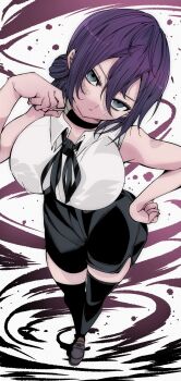 1girl :< absurdres alternate_breast_size_(larger) bare_arms black_choker black_ribbon black_shorts black_thighhighs breasts chainsaw_man choker commentary_request double-parted_bangs green_eyes hair_between_eyes head_tilt highres kinakomochi_(user_vedc2333) large_breasts long_hair_between_eyes looking_at_viewer neck_ribbon purple_hair reze_(chainsaw_man) ribbon shirt short_shorts shorts side_slit side_slit_shorts sleeveless sleeveless_shirt solo thighhighs white_shirt