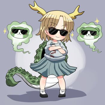 1girl antlers black_shoes blonde_hair blue_shirt blue_skirt blush closed_mouth commentary_request crossed_arms dragon_girl dragon_horns dragon_tail full_body fur-tipped_tail glasses green_scales green_tail hand_on_own_chest highres horns kicchou_yachie looking_at_viewer monster_girl opaque_glasses otter otter_spirit_(touhou) rokugou_daisuke scales shirt shoes short_hair simple_background skirt smile socks square_neckline standing sunglasses tail tinted_eyewear touhou turtle_shell white_socks yellow_horns