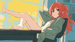 Rule 34 | 1girl, barefoot, bocchi the rock!, kita ikuyo, legs, minusk9, red hair, sleeves past fingers, sleeves past wrists, solo, table