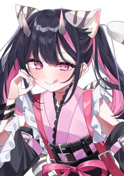 1boy :q animal_ear_fluff animal_ears black_hair blunt_bangs bracelet cho_kaguya-hime! closed_mouth commentary_request crossdressing crossdressing_(mtf) hand_up highres japanese_clothes jewelry kimono komazawa_noi long_hair long_sleeves looking_at_viewer male_focus multicolored_hair ooo00_cha pink_eyes pink_kimono simple_background smile solo streaked_hair tail tiger_ears tiger_tail tongue tongue_out trap twintails upper_body white_background