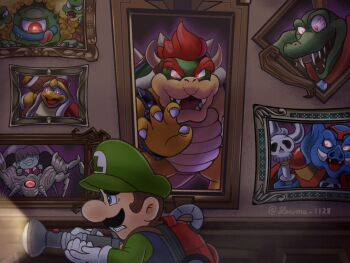 Rule 34 | 1girl, 6+boys, blue eyes, bowser, brown hair, cape, copyright request, crossover, cyclops, dark, donkey kong (series), facial hair, flashlight, ganon, green hat, grin, hat, holding, holding flashlight, holding staff, horror (theme), kid icarus (nes), king dedede, king k. rool, kirby (series), licking lips, luigi, luigi's mansion, male focus, mario (series), medusa (kid icarus), mother (series), mother 2, multiple boys, multiple crossover, mustache, nintendo, one-eyed, porky minch, smile, snake hair, staff, suruga kanade, thick eyebrows, tongue, tongue out, twitter username