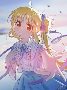 1girl absurdres ahoge bird blonde_hair blue_bow blue_bowtie blue_dress blue_hair blush bocchi_the_rock! bow bowtie collared_shirt dress frilled_sleeves frills hair_ornament highres ijichi_nijika long_hair looking_at_viewer offering_hand open_mouth outstretched_arm outstretched_hand reaching reaching_towards_viewer red_eyes ribbon shirt short_sleeves side_ponytail smile striped_bow striped_bowtie striped_clothes white_shirt yuyuu