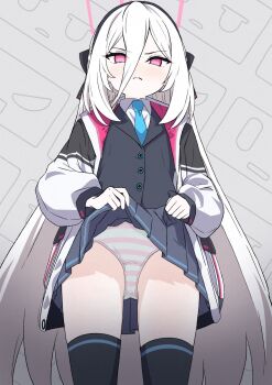 Rule 34 | 1girl, ajisawa aji, black thighhighs, black vest, blue archive, blue skirt, blush, clothes lift, commentary, halo, highres, jacket, kei (blue archive), kei (new body) (blue archive), lifting own clothes, long hair, looking at viewer, panties, pink eyes, pink halo, school uniform, skirt, skirt lift, solo, striped clothes, striped panties, symbol-only commentary, thighhighs, thighs, underwear, very long hair, vest, white hair, white jacket