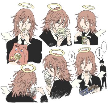 2boys angel angel_devil_(chainsaw_man) angel_wings black_jacket black_necktie black_suit business_suit chainsaw_man feathered_wings formal_clothes glowing glowing_halo halo hayakawa_aki highres jacket male_focus multiple_boys necktie pizza202020 suit suit_jacket topknot traditional_halo upper_body white_wings wings