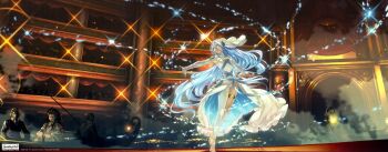 1girl 2boys absurdres anklet asymmetrical_legwear azura_(fire_emblem) barefoot blue_hair dress elbow_gloves fingerless_gloves fire_emblem fire_emblem_fates full_body gloves hair_between_eyes hair_ornament hairband highres jewelry kozaki_yuusuke long_hair multiple_boys necklace nintendo official_art open_mouth ribbon ryoma_(fire_emblem) smile solo_focus tiptoes toes uneven_legwear veil very_long_hair xander_(fire_emblem) yellow_eyes