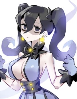 1girl @_@ alternate_costume alternate_hairstyle black_hair black_ribbon breasts buttons chandelure chandelure_(cosplay) cleavage corset cosplay detached_collar dress earrings frilled_gloves frills gen_5_pokemon gloves hair_between_eyes hex_maniac_(pokemon) hex_maniac_(pokemon_legends:_z-a) jewelry large_earrings long_hair lowres neck_ribbon nintendo pokemon pokemon_legends:_z-a purple_corset purple_dress purple_eyes purple_gloves raine_(acke2445) ribbon shaded_face sideboob sleeveless sleeveless_dress sphere_earrings twintails