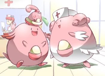 blissey chansey talking egg evolution evolutionary_line gen_1_pokemon gen_2_pokemon gen_4_pokemon happiny hat joy_(pokemon) kaeru_ace nintendo nurse nurse_cap pokemon pokemon_(creature) reading smile window wooden_floor