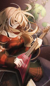 2girls black_skirt black_sweater brown_eyes brown_hair ceres_fauna ceres_fauna_(goth) commentary dust electric_guitar emo_fashion english_commentary film_grain guitar highres holding holding_microphone hololive hololive_english instrument microphone multicolored_hair multiple_girls music nanashi_mumei nanashi_mumei_(emo) no_eyes plaid_clothes plaid_skirt playing_guitar playing_instrument pleated_skirt red_sweater se10on singing skirt streaked_hair striped_clothes striped_sweater sweater torn_clothes torn_sweater two-tone_sweater virtual_youtuber wavy_hair