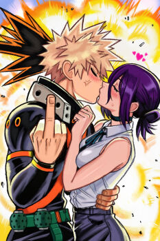 1girl anger_vein bakugou_katsuki black_choker blonde_hair boku_no_hero_academia breasts chainsaw_man choker closed_mouth commentary crossover english_commentary explosion from_side hand_on_another&#039;s_waist hand_up heart hetero highres kiss medium_breasts medium_hair middle_finger neck_ribbon neggoartz profile purple_hair reze_(chainsaw_man) ribbon shirt sleeveless sleeveless_shirt spiked_hair trait_connection white_shirt