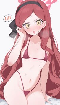 1girl bikini black_hairband blue_archive blush breasts commentary hairband halo highres hone_kawa long_hair looking_at_viewer micro_bikini navel red_bikini red_hair red_halo small_breasts solo speech_bubble spoken_blush swimsuit takane_(blue_archive) yellow_eyes