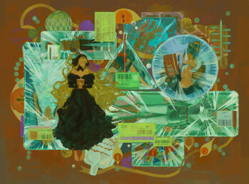 3boys 3girls absurdres armor arms_at_sides barcode bare_shoulders black_dress black_hair blonde_hair book brown_background character_name chilchuck_tims chimera chinese_commentary closed_eyes closed_mouth commentary_request copyright_name curled_up detached_hood detached_sleeves disembodied_eye dress dungeon_meshi dwarf falin_touden falin_touden_(chimera) feathers food food_packaging full_body gem hair_spread_out helmet highres holding holding_book izutsumi laios_touden long_hair long_sleeves lying marcille_donato marcille_donato_(lord) multiple_boys multiple_girls on_back on_side own_hands_together plastic_wrap plate price_tag senshi_(dungeon_meshi) short_hair smile toaot tomato tomato_slice white_feathers winged_lion_(dungeon_meshi)