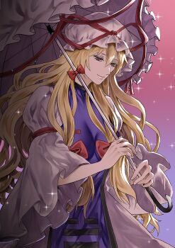 Rule 34 | 1girl, blonde hair, bow, breasts, closed mouth, commentary, dress, eroriru, hair bow, hat, hat ribbon, holding, holding umbrella, large breasts, long hair, long sleeves, mob cap, parasol, purple tabard, red bow, ribbon, smile, solo, sparkle, tabard, touhou, umbrella, very long hair, white dress, wide sleeves, yakumo yukari, yellow eyes