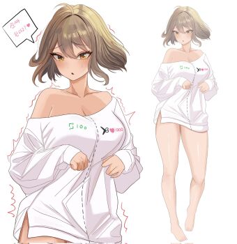 Rule 34 | 1girl, alternate costume, anis (nikke), breasts, brown hair, commentary, cut-here line, dodo1792295, dotted line, english commentary, full body, goddess of victory: nikke, highres, korean text, large breasts, like and retweet, long sleeves, medium hair, oversized clothes, oversized shirt, shirt, simple background, solo, twitter cutting game, twitter strip game, white background, yellow eyes