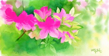 absurdres azalea_(flower) commentary_request dated flower flower_focus highres leaf no_humans original painting_(medium) pink_flower plant signature traditional_media watercolor_(medium) yamayamayamaco