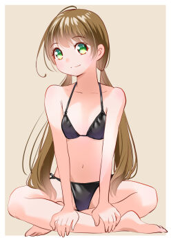 Rule 34 | 1girl, barefoot, bikini, black bikini, brown background, brown hair, collarbone, commentary, full body, green eyes, halterneck, hands on own leg, indian style, long hair, mixed-language commentary, original, simple background, sitting, smile, solo, swimsuit, twintails, yamanaka kouji (yanchiki2001)