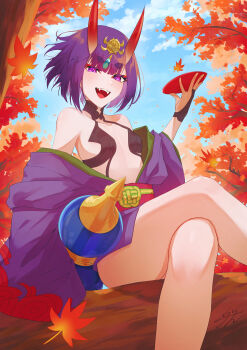 1girl absurdres autumn bare_shoulders blue_sky blush breasts bridal_gauntlets crossed_legs cup eyeliner fate/grand_order fate_(series) gourd headpiece highres horns izanaware_game japanese_clothes kimono leaf long_sleeves looking_at_viewer makeup maple_leaf obi off_shoulder oni open_mouth purple_eyes purple_hair purple_kimono revealing_clothes sakazuki sash short_hair shuten_douji_(fate) sitting skin-covered_horns sky small_breasts smile solo tree wide_sleeves