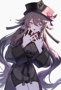 1girl brown_hair brown_shirt genshin_impact hat highres hu_tao_(genshin_impact) jewelry long_hair looking_at_viewer red_eyes ring shirt shorts smile symbol-shaped_pupils tailcoat twintails wf_0150