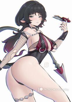 1girl absurdres animal_ears ass black_hair black_one-piece_swimsuit breasts chascoby commentary fishnet_sleeves fishnets from_side green_eyes highres holding holding_weapon jane_doe_(nocturne_of_light)_(zenless_zone_zero) jane_doe_(zenless_zone_zero) large_breasts long_hair looking_at_viewer mouse_ears mouse_girl mouse_tail multicolored_hair official_alternate_costume one-piece_swimsuit patreon_username red_hair simple_background solo swimsuit tail two-tone_hair very_long_hair weapon white_background zenless_zone_zero