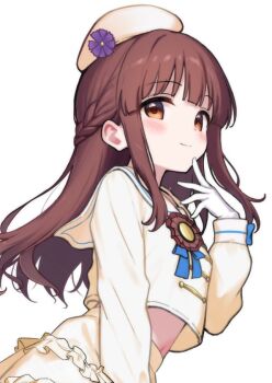1girl beret blue_bow bow braid breasts brown_eyes brown_hair closed_mouth commentary_request cropped_shirt frilled_skirt frills gloves hand_on_own_chin hand_up hat idolmaster idolmaster_cinderella_girls jia_wenyuan long_hair long_sleeves midriff navel ogata_chieri sailor_collar sailor_shirt shirt sidelocks simple_background single_braid skirt sleeve_bow small_breasts smile solo white_background white_gloves white_hat white_sailor_collar white_shirt white_skirt
