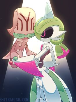 2025 alien beheeyem closed_eyes dancing gen_5_pokemon glowing holding_hands iron_valiant mechanical_arms nintendo no_humans pokemon pokemon_(creature) robot shiirafish signature spotlight