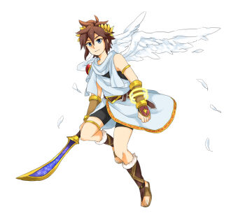 1boy angel angel_wings bike_shorts blue_eyes bow_(weapon) brown_hair commentary_request feathers full_body gold_thighlet holding holding_bow_(weapon) holding_weapon jewelry kid_icarus laurel_crown male_focus nintendo palutena_bow_(kid_icarus) pit_(kid_icarus) pote_(noah7200) scarf simple_background solo super_smash_bros. thighlet weapon white_background white_scarf white_wings wings