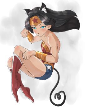 Rule 34 | 1girl, absurdres, aged down, animal ear fluff, animal ears, artist name, bare shoulders, black hair, blue eyes, blush, boots, bracer, breasts, cat ears, cat girl, cat tail, circlet, collarbone, dc comics, gold bracer, gold tiara, highres, leotard, long hair, lucasaobari, red boots, small breasts, star (symbol), superhero costume, tail, thighs, tiara, wonder woman, wonder woman (series)