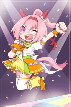 Rule 34 | 1girl, ;d, arm up, beer hsk, bow, chibi, clenched hand, confetti, ear bow, frilled skirt, frills, full body, hair between eyes, hairband, haru urara (umamusume), highres, looking at viewer, one eye closed, open mouth, orange shoes, orange skirt, pink hair, ponytail, puffy short sleeves, puffy sleeves, purple eyes, red hairband, shirt, shoes, short sleeves, skirt, smile, solo, thighhighs, umamusume, white bow, white shirt, white thighhighs