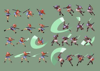 1girl alternate_color bike_shorts black_thighhighs reference_sheet hair_ornament hairclip hina_(yatagarasu) jacket katana kicking loose_socks motion_blur motion_lines panties pink_hair pixel_art pleated_skirt purple_hair red_panties scabbard sheath short_hair shorts shorts_under_skirt skirt socks sprite_sheet sword tabi thighhighs tomoyuki_kotani track_jacket underwear unsheathing upskirt weapon yatagarasu_(game) zettai_ryouiki