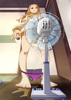 1girl blonde_hair blue_eyes censored convenient_censoring fan female_focus full_body hair_ribbon hood hoodie kurumi_(lycoris_recoil) loli lunalu9 lycoris_recoil panties panty_pull peeing puddle pussy pussy_peek ribbon smile solo standing underwear