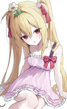 1girl absurdres aco_(aco_7313) alternate_costume alternate_hairstyle arms_at_sides bare_shoulders blonde_hair blush bow collarbone commentary dress dress_bow eyes_visible_through_hair feet_out_of_frame flower flower_on_head frilled_dress frilled_ribbon frills hair_between_eyes hair_intakes hair_over_shoulder hair_ribbon heart heart-shaped_pupils highres konjiki_no_yami leaf leaning_forward long_hair looking_at_viewer open_mouth parted_lips pink_dress red_bow red_eyes red_ribbon ribbon short_dress sidelocks simple_background sitting sleeveless sleeveless_dress solo symbol-shaped_pupils to_love-ru tsurime twintails very_long_hair white_background white_flower