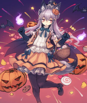 +_+ 1girl animal_ears basket bat_(animal) bee_(deadflow) black_pantyhose bow candy cape concon-collector cookie elbow_gloves female_focus food gloves hair_ornament halloween hat jack-o&#039;-lantern jack-o&#039;-lantern_hair_ornament jacket leg_up lollipop long_hair pantyhose silver_hair solo standing standing_on_one_leg
