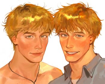 1boy blonde_hair blue_eyes choppy_bangs closed_mouth collared_shirt commentary english_commentary forked_eyebrows grey_shirt jewelry kunnuscumnus light_smile looking_at_viewer lucas_belmont_(kunnuscumnus) multiple_views necklace nose original portrait shirt short_hair simple_background smile teeth white_background