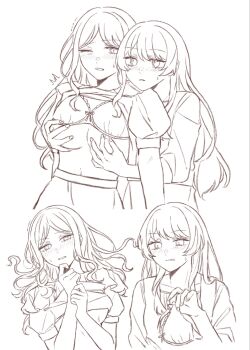 Rule 34 | 2girls, bang dream!, bang dream! it's mygo!!!!!, blush, bra, bra lift, chihaya anon, chinese commentary, clothes lift, commentary request, groping, highres, holding, holding bra, holding underwear, holding unworn clothes, long hair, monochrome, multiple girls, nagasaki soyo, nipple stimulation, nipple tweak, nipples, one eye closed, open mouth, puffy short sleeves, puffy sleeves, short sleeves, simple background, sweatdrop, three-quarter sleeves, underwear, white background, yuri, yuyuyang0402