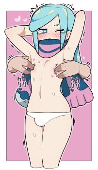 Rule 34 | 1boy, absurdres, blue eyes, blue hair, bulge, commentary request, cropped legs, disembodied hand, grabbing from behind, grusha (pokemon), heart, heart-shaped pupils, highres, long hair, male focus, navel, nintendo, nipple stimulation, nipple tweak, one eye closed, panties, pokemon, pokemon sv, scarf, scarf over mouth, solo focus, striped clothes, striped scarf, sweat, symbol-shaped pupils, trap, trembling, underwear, white-stew, white panties