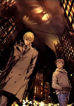 2boys bat_signal batman_(series) batman_justice_buster black_eyes blonde_hair blue_pants brown_eyes brown_hair brown_jacket city cloud cloudy_sky collared_shirt dc_comics grey_hoodie hands_in_pocket highres hood hoodie jacket looking_at_viewer looking_back looking_up multiple_boys official_art pants plaid_clothes plaid_pants power_lines shimoguchi_tomohiro shirt sky white_shirt